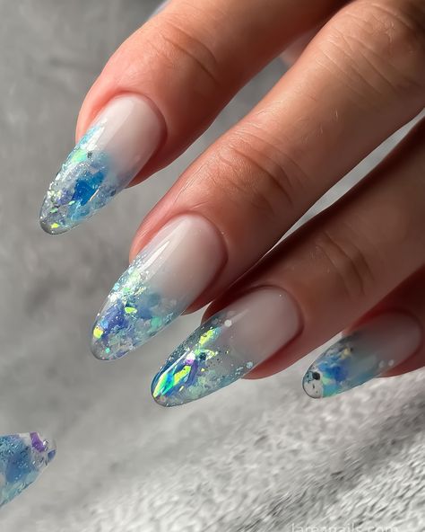 Blue Topaz Nails, Blue Jewel Nails, Blue Nails With Crystals, Blue Crystal Nails, Clear Blue Nails, Nails Crystals, Cinderella Nails, Pastel Blue Nails, Statement Nails