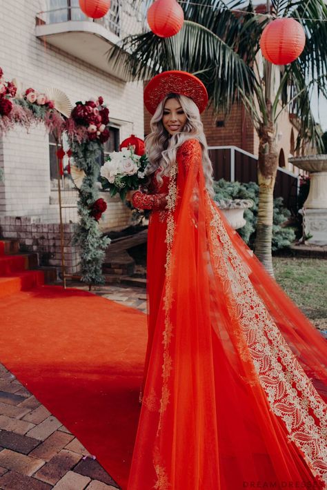 Red Ao Dai Cape | Vietnamese Lace Bridal Ao Dai Cape (#TEMA) | Dream Dresses by P.M.N. Vietnamese Wedding Ao Dai, Bridal Ao Dai, Red Ao Dai, Traditional Vietnamese Wedding, Wedding Ao Dai, Vietnamese Wedding Dress, Ao Dai Vietnamese, Modern Ao Dai, Vietnam Dress