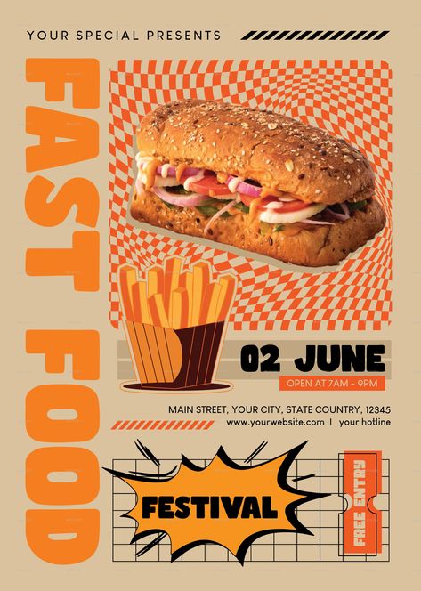 Fast Food Party Flyer Flyer Advertisement Design, Food Standee Design, Food Festival Aesthetic, Flyer Food Design, Fast Food Party, Fastfood Design, Fast Food Branding, Fast Food Flyer, Food Drive Flyer