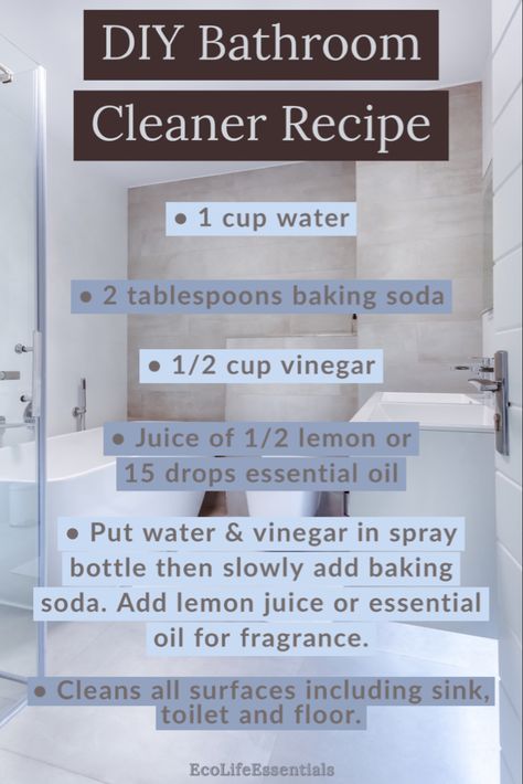 Homemade Bathroom Cleaner, Eco Friendly Tips, Natural Bathroom Cleaner, Diy Bathroom Cleaner, Diy Cleaning Spray, Natural Cleaners Diy, Homemade Cleaning Recipes, Cleaning Diy, Homemade Cleaning Supplies