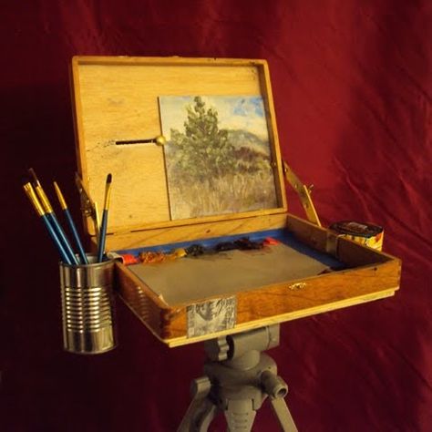 Wanting  to get out of my studio and enter the world of Plein Aire painting, yet  not wanting to lug around my old French Easel I dec... Field Drawing, En Plein Air Painting, Plein Air Easel, Pochade Box, Easel Painting, Travel Painting, Art Easel, Outdoor Paint, Diy Watercolor