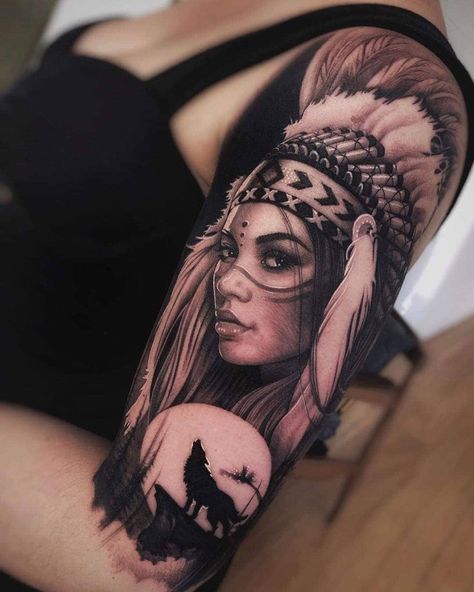 Indian Women Tattoo, Wolf Girl Tattoos, Native Indian Tattoos, Indian Girl Tattoos, Headdress Tattoo, Catrina Tattoo, American Indian Tattoos, Native American Tattoo, Native American Tattoos