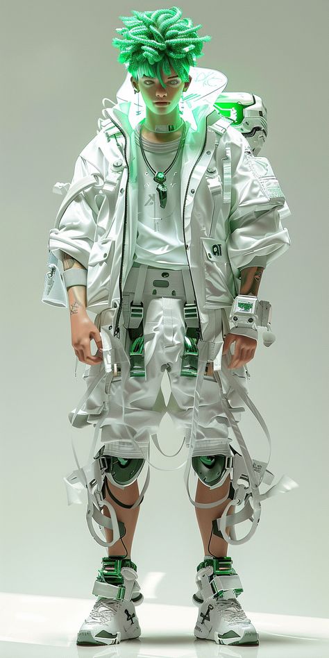 #HandsomeMan #GreenHair #Cyberpunk #StylishClothing #FutureTechnology #3dRender Cyberpunk Hair Men, Green Cyberpunk, Cyberpunk Clothing Men, Cyberpunk Fashion Male Concept Art, Cyberpunk Outfit Men, Cyberpunk Clothes Design, Cyberpunk Clothing, Green Outfit Men, Cyberpunk Style Men