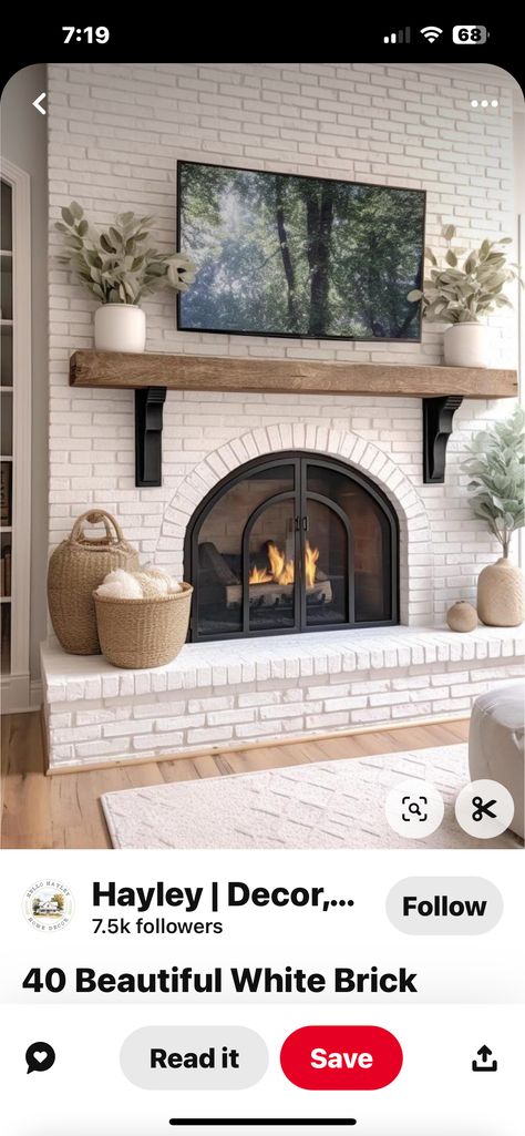 Bayou Interior Design, Create A Room Within A Room, Faux Brick Fireplace Mantle, Barndominium Living Room Decor, White Fireplace Brick Decor, Tile To Brick Fireplace Makeover, New Home Fireplace Ideas, White Farmhouse Fireplace, Brick Fireplace Herringbone