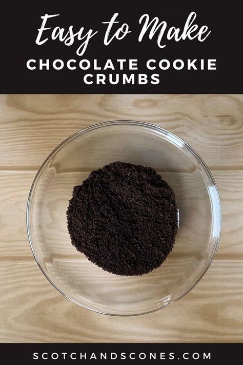 If you need chocolate cookie crumbs for a recipe, there's no need to go to the store or even make chocolate cookies first. These cookie crumbs are very chocolatey, easy to make, and perfect for pie crusts or as a topping or mix-in! #scotchandsconesblog #cookiescrumbs #chocolatecookiecrumbs #chocolatecookiecrust #chocolatepiecrust Chocolate Cookie Crumb Crust, Chocolate Cookie Pie Crust, Chocolate Cookie Crust Recipe, Chocolate Crumb Crust, Cookie Crust Recipe, Homemade Chocolate Pie, Lattice Pie Crust, Chocolate Pie Crust, Chocolate Cookie Crust