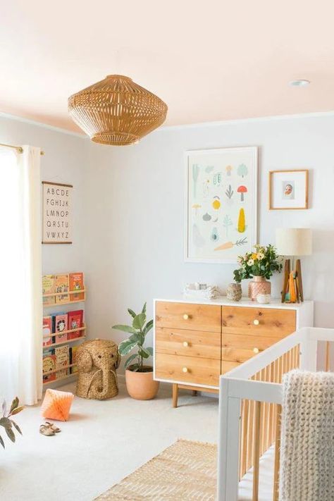 How To Decorate a Baby Nursery – Fawn Design Pink Ceiling, Kid Decor, Bedroom Colour, Youth Bedroom, Cute Bedroom Ideas, Boho Kids, Nursery Baby Room, Bedroom Color Schemes, Neutral Nursery