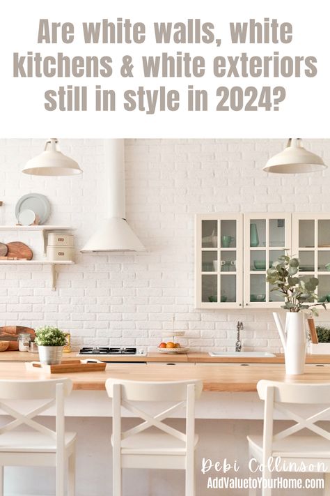 Are white walls for interiors still in style for 2024? What about white kitchens? Are white house exteriors still popular for 2024?  It depends. Its complicated. Some white paints colors are still trending for 2024 whereas others are out. Let’s break that down!  Check out my post to find out the latest 2024 paint color trends.  #2024paintcolortrends #whitekitchens #whitehouseexteriorpaintcolors #whiteinteriorpaintcolors White Kitchens 2024, White House Exteriors, Kitchens White, Its Complicated, Paint Color Trends, White Kitchen Paint, Gray Interiors, White Exterior Houses, Off White Walls