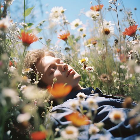 Person In Nature Photography, Person Sitting In Flower Field, Lying In A Field Of Flowers, Flower Garden Portrait, Photography Poses In Field, Sitting In A Field Of Flowers, Garden Film Photography, Dreamy Effect Photography, Field Film Photography