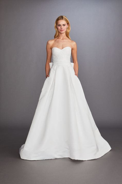 strapless sweetheart neckline a-line wedding dress Allison Webb Spring 2020 Eden Wedding Dress, Allison Webb, Timeless Wedding Dress, Bow Wedding Dress, Wedding Dress With Pockets, Pretty Wedding Dresses, Classic Wedding Dress, Lela Rose, Bridal Fashion Week