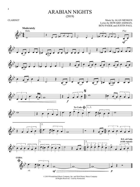 Clarinet Sheet Music With Notes, Arabian Nights Sheet Music, Easy Songs To Play On Clarinet, Clarinet Music Easy, B Flat Clarinet Sheet Music Easy, Songs For Clarinet, Easy Clarinet Songs, Clarinet Sheet Music Pop Songs, Bass Clarinet Music