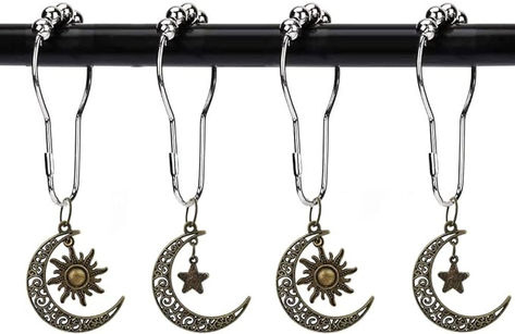 Sun Shower Curtain Hooks with Moon Stars Decor Bathroom - Rust Proof Metal Stainless Steel Curtain Rings, Decorative Shower Hook Set of 12 Gothic Rustic Modern Style Themed Decor Bedroom Bathtub Bedroom Bathtub, Sun Shower Curtain, Stars Decor, Outdoor Curtains For Patio, Steel Curtain, Shower Hooks, Shower Rod, Curtain Rings, Shower Curtain Rods