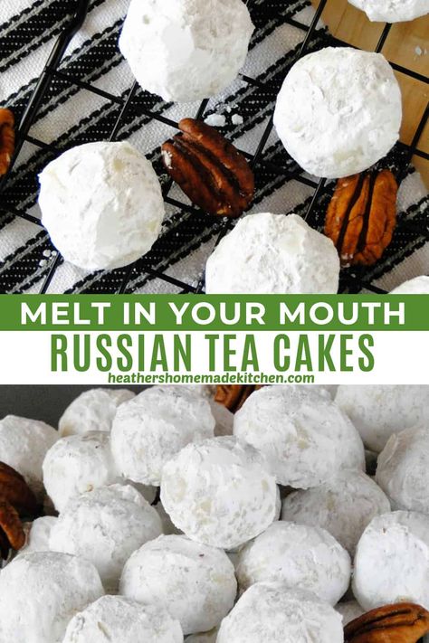 This Russian Tea Cakes Recipe creates melt in your mouth buttery cookies that have pecans and are rolled in powdered sugar. A classic holiday cookie to share with everyone you love! Russian Tea Cakes Cookies, Russian Tea Cakes Recipe, Russian Teacakes, Russian Tea Cookies, Russian Tea Cakes, Tea Cake Cookies, Russian Tea Cake, Tea Cakes Recipes, Russian Tea