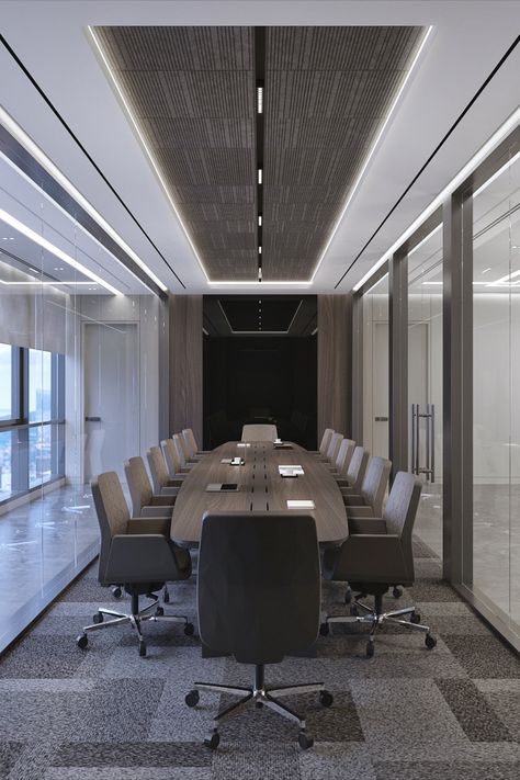 Modern meeting room interior design. 
This client’s board room features a custom acoustical, coffered, felt ceiling and breathtaking views. Conference Room Design, Design Ložnic, Meeting Room Design, Office Ceiling, Office Meeting Room, Office Meeting, Office Snapshots, Workplace Design, Salou