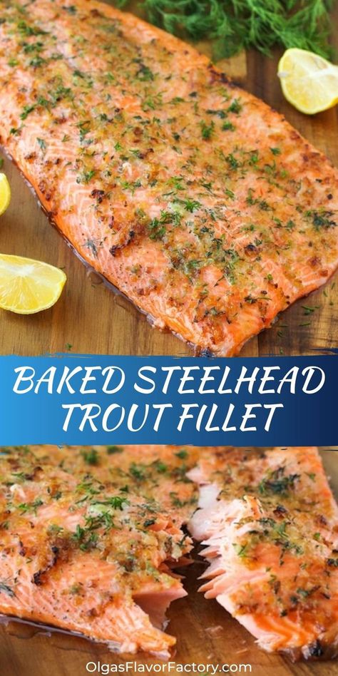 Baking a whole steelhead trout fillet is so simple but looks very impressive. Topped with shallots, garlic, lemon and fresh herbs – it’s so juicy and flavorful. You are guaranteed a delicious meal. Salmon can be used instead of steelhead trout, with excellent results. Steel Head Trout Recipes, Baked Steelhead Trout, Steelhead Recipes, Steelhead Trout Recipe Baked, Whole Trout Recipes, Steelhead Trout Recipe, Trout Fillet Recipes, Trout Recipe, Steelhead Trout