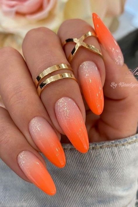 Orange Ombre Nails, Orange Acrylic Nails, Summer Nail Colors, Ombre Acrylic Nails, Ombre Nail Designs, Classy Acrylic Nails, Nails Almond, Summer Nails Colors, Neon Nails