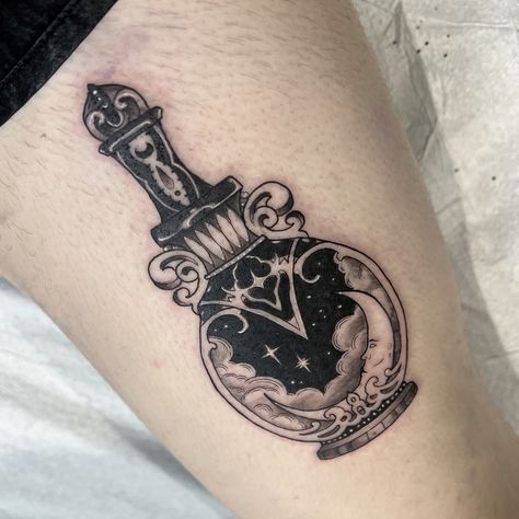 🌛🌛🌛 Moon potion bottle done @freddytattooexpo Thank you so much Nova for scooping up this flash piece as your first tattoo🥳💖it was awesome meeting you 💖 #flashtattoo #flashworkers #blackandgreytattoos #moontattoo #potiontattoo #illustrativetattoo #whimsicalart #thightattoo #canadatattoo #canadianartist Night Sky Tattoo, Potion Bottle Tattoo, Moon Potion, Night Sky Tattoos, Canada Tattoo, Sky Tattoos, Bottle Tattoo, Potion Bottle, Canadian Artists