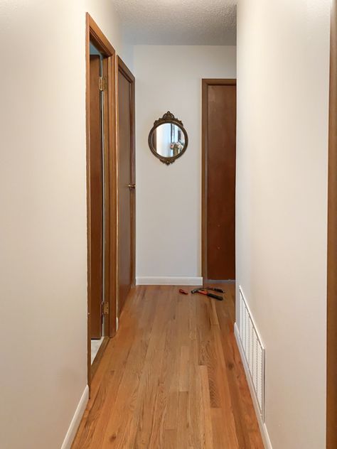 DIY Hallway Makeover Tutorial - My Creative Days Small Corridor Ideas, Tiny Hallway Ideas, Bedroom Hallway Ideas, Hallway Transformation, Rustic Hallway, Small Gallery Wall, Hallway Makeover, Painted Wood Floors, Resource Furniture