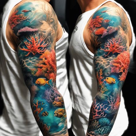 Underwater Tattoo Color, Aquarium Tattoo Sleeve, New School Ocean Tattoo, Reef Tattoo Design, Beach Leg Sleeve Tattoo, Ocean Arm Sleeve Tattoo, Under The Sea Tattoo Sleeve, Dark Ocean Tattoo, Undersea Tattoo