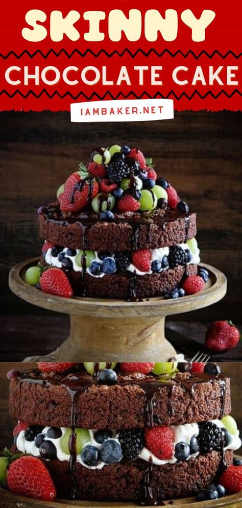 Skinny chocolate cake, the chocolate dessert to impress! You can see the whipped cream, fresh fruits, and rich chocolate sauce of this naked cake. This sweet treat is also low in sugar! Fruit Chocolate Cake, Chocolate Fruit Cake, Easy Impressive Dessert, Cream Fresh, Chocolate Whipped Cream, Impressive Recipes, Elegant Desserts, Desserts For A Crowd, Beautiful Desserts