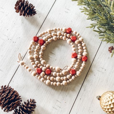 Shelf Christmas Tree, Bead Garland Christmas Tree, Red Hexagon, Farmhouse Boho Decor, Christmas Bead Garland, Wooden Bead Garland, Garland Christmas, Holiday Garlands, Christmas Tree Garland