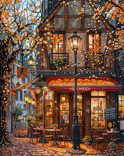 Autumn City Painting, Cozy Cafe Drawing, Fall Cafe Aesthetic, Autumn Illustration Wallpaper, Fall Aesthetic Painting, Cozy Autumn Wallpaper, Fall Aesthetic Art, Autumn Illustration Art, Cafe Oil Painting