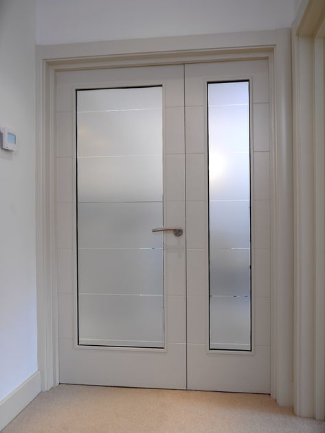 Stunning white glazed doors with frosted glass and horizontal grooves.  Made bespoke by JB Kind Doors. #glazeddoor Interior Door Design Ideas, Interior Door Design, Glass Interior Door, Solid Wood Entry Doors, Door Design Ideas, White Internal Doors, Internal Wooden Doors, Internal Glass Doors, Entry Doors With Glass