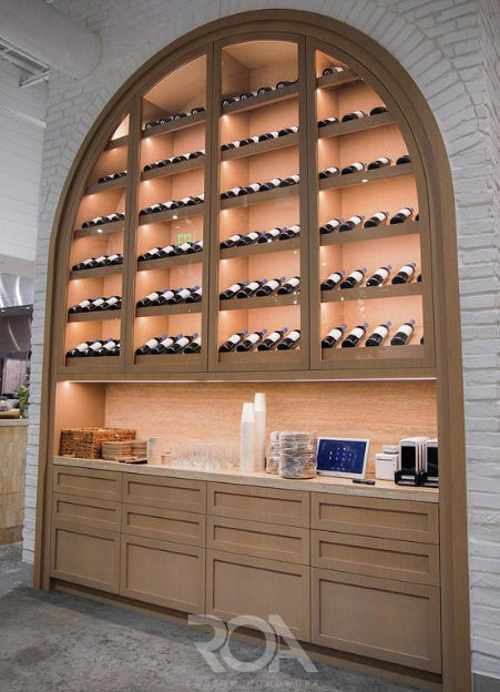 Custom wine cabinet storage with arch detail millwork by @roacustomwoodwork Drink Counter, Wine Storage Ideas, Wine Storage Cabinet, Wine Wall Display, Custom Wine Cabinet, Wine Tower, Aventura Florida, Built In China Cabinet, Wine Storage Cabinets