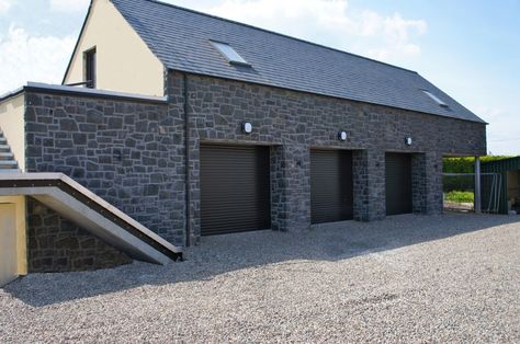 Triple Garage Built With 80% Split Face And 20% Natural Faced Basalt Triple Garage Ideas, Triple Garage, House Designs Ireland, Garage Door House, Barn Houses, Interesting Architecture, Mews House, Development Books, Garage Door Design