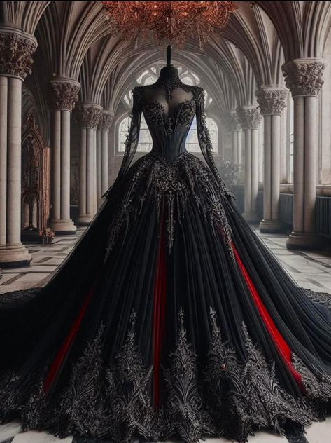 Dark Academia Gowns, Dark Fantasy Wedding Dress, Black Fantasy Dress Queens, Black Fantasy Gown, Dark Academia Wedding Dress, Black Wedding Dresses Gothic, Red And Black Ball Gown, Emo Wedding Dresses, Punk Wedding Dresses