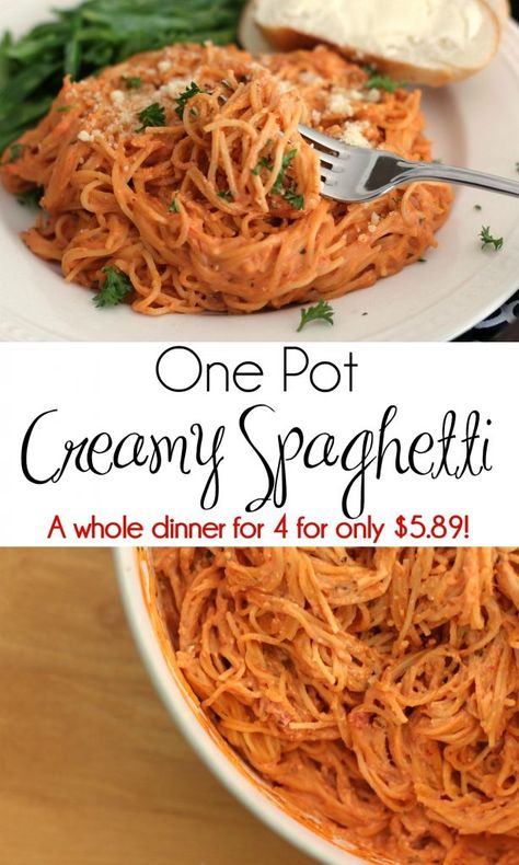 One Pot Creamy Spaghetti - A whole meal for $1.47 per person! #30MinuteMeal #WorkingMom #DinnerRecipe #SpaghettiRecipe #CreamySpaghetti #OnePotSpaghetti #Pasta | 30 Minute Meals | Quick Dinner | Cheap Recipe | Thrifty Meals | What to Cook When You Are Broke Fast Recipes, Pasta Recipes For Dinner, Thrifty Meals, Dinner Cheap, Cheap Recipe, Creamy Spaghetti, One Pot Spaghetti, Spaghetti Recipes, 30 Minute Meals