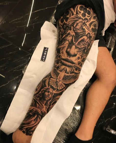 Gangsta Leg Sleeve, Religious Leg Sleeve Tattoo, Full Leg Sleeve Tattoo Male, Unique Leg Tattoos For Men, Leg Sleeve Stencil, Greek Leg Sleeve, Leg Sleeve Tattoo Men Full, Chicano Leg Sleeve, Leg Tattoo Men Sleeve