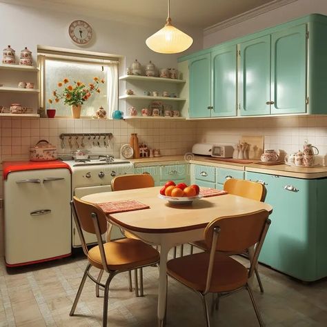 50 Kitchen Retro 1950s, 50s Themed Kitchen, 50s Inspired Kitchen, 1950s Kitchen Aesthetic, 1950 House Interior Ideas, 50s Style House, 50s House Interior, 1950 Interior Design, 50s Kitchen Vintage