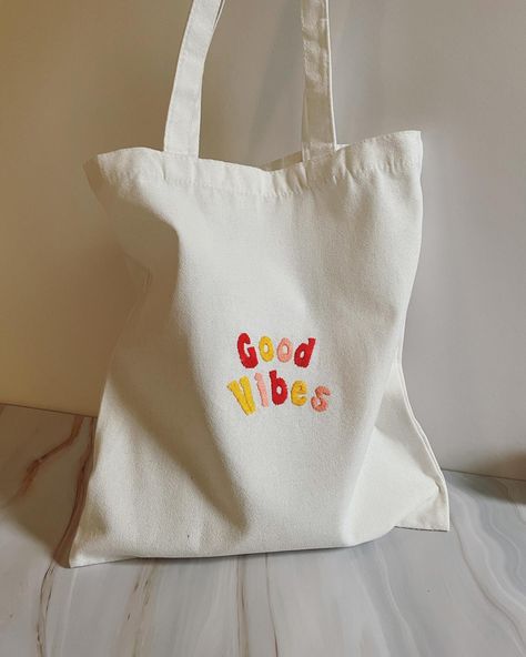 White Tote bag with embroidered phrase “ good vibes” in orange , yellow and 
 pink colors Tote Bag Embroidery, Small Business Items, Bag Embroidery, Handmade Tote Bag, Embroidered Tote Bag, Embroidered Tote, Embroidery Bags, Handmade Tote, Tote Bags Handmade