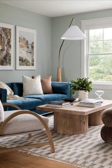 Blue Couch Wood Furniture, Transitional Living Room Blue Couch, Living Room Blue Furniture, Living Room Blue Couch Ideas, Blue Couch Office Decor, Blue White And Natural Wood Living Room, Light Turquoise Living Room, How To Style A Blue Sofa, Scandi Blue Living Room