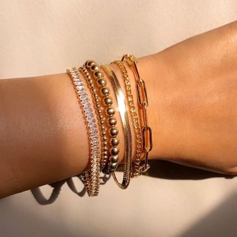 Bangles For Women Gold, Gold Bracelets Stacked, Stacked Bracelets, Wrist Stacks, Gold Link Chain, Ball Bracelet, Gold Bead Bracelets, The Nile, Crystal Beads Bracelet