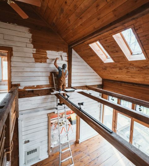 Cabin White Walls, Gambrel Cabin, Log Interior, Painted Log Home Interior, Hunter House, Log Home Interior, White Cabin, Cabin Renovation, House Renovation Projects