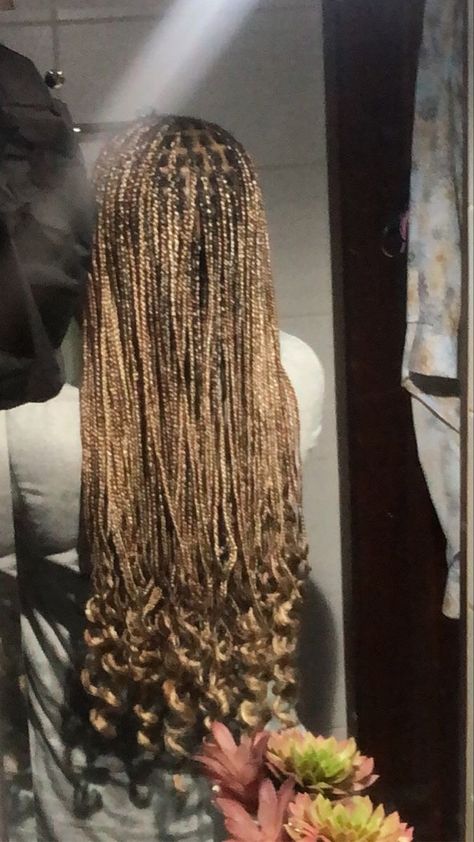 Blond Braids With Curly Ends, Mixture Of Blonde And Brown Braids, Brown And Blonde Knotless Braids With Curls, Honey Blonde Box Braids With Curly Ends, Dark Brown Braids With Curls, Honey Brown Braids With Curls, Blonde And Brown Braids With Curls, Light Brown Braids With Curls, Honey Blonde Knotless Braids With Curls