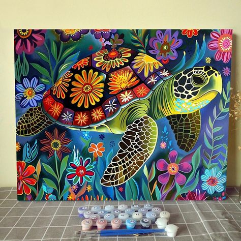 Amazon.com: Aihonmin Marine Turtle Paint by Numbers for Adults and Children,flowers DIY Acrylic Watercolor Painting by Numbers for Kids Beginners 16x20 inch Painting Craft On Canvas Home Decor(without frame) : Everything Else Acrylic Painting Of Nature, Painting Of Turtle, Turtle Oil Painting, Acrylic Paint Animals, Painting A Turtle, Painting Turtles, Acrylic Paint Art Ideas, Turtle Painting Ideas, Long Painting Ideas