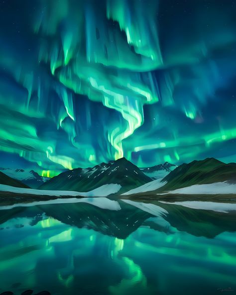 Traditional watercolor painting of mountains reflected in a lake with a green aurora borealis in the sky. This stunning artwork features a color scheme inspired by Jessica Rossier. The northern lights serve as a captivating background, adding an ethereal touch to the scene. This painting is currently trending on Unsplash and has been featured for its mesmerizing depiction of the aurora borealis. Abstract Aurora Borealis, Aurora Borealis Digital Art, Gouache Northern Lights, Northern Light Illustration, Northern Lights Aesthetic, Dark Posters, Aurora Painting, Painting Aurora, Aurora Borealis Painting