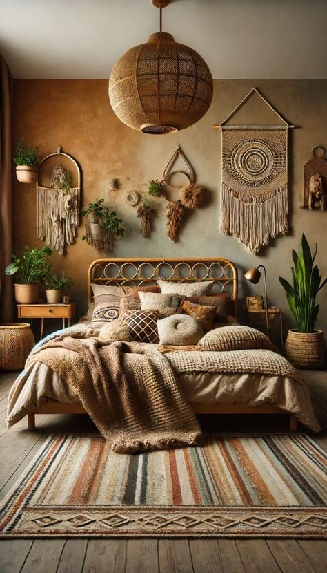 Boho Rattan Bedroom, Rattan Bedroom Ideas, Moroccan Decor Bedroom, Warm Home Aesthetic, Rattan Bedroom, Bohemian Bedroom Design, Inviting Bedroom, Bohemian Chic Decor, Bedroom Decor Lights