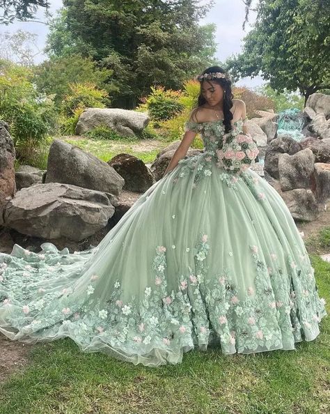 Angelsbridep Mint Green Ball Gown Quinceanera Dresses With 3D Flower Princess Birthday Party Dress Green Ball Gown Dress, Sage Quinceanera, Sage Green Ball Gown, Charro Quince, Green Quinceanera Dresses, Green Ball Gown, Green Quince, Quinceanera Themes Dresses, Quinceñera Dresses