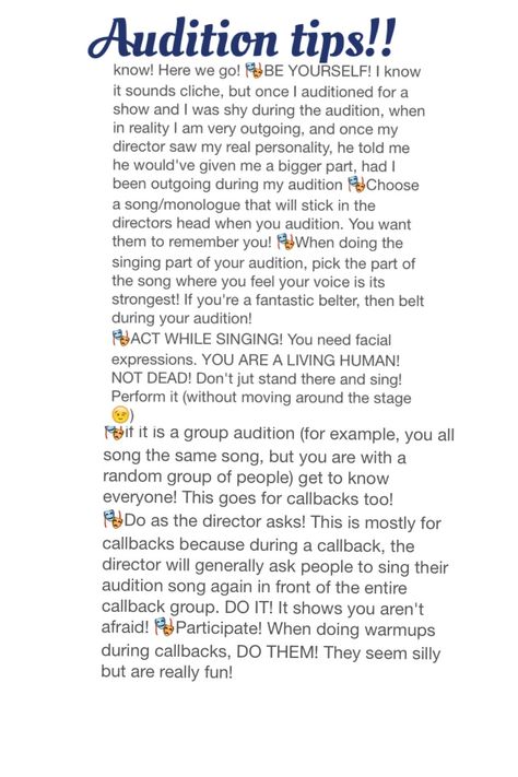 Day nine: Audition tips! Good to know! :) Auditions today 0_o yikes wish me luck. I'm going to be outrageous and go for the lead :D Hope all goes well! Tips On Acting, Theater Tips Musical Theatre, Play Audition Tips, Theater Audition Tips, Tips For Auditioning For A Musical, Tips For Auditions, Musical Theatre Audition Outfit, Tips For Auditioning For A Play, Kpop Online Audition Tips