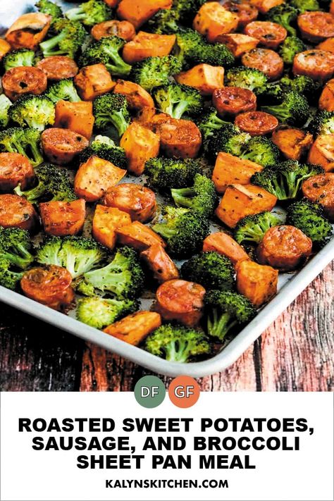 Roasted Sweet Potatoes, Sausage, and Broccoli Sheet Pan Meal is delicious and this is unbelievably easy for a family dinner! [found on KalynsKitchen.com] #SheetPanMeal #SausageSheetPanMeal Sausage And Broccoli Sheet Pan, Sausage And Broccoli, Sweet Potato Recipes Healthy, Anti Inflamatory, Sheet Pan Dinners Recipes, Pre Cooked Chicken, Stuffed Sweet Potato Healthy, Health Dinner Recipes, Broccoli Recipes