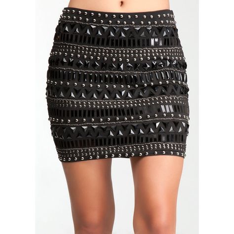 Bebe Allover Embellished Mini Skirt ($159) ❤ liked on Polyvore Patchwork Denim Skirt, Studded Skirt, Brown Flares, Solid Skirt, Embellished Skirt, Mini Pencil Skirt, Wrap Around Skirt, Black And White Skirt, Party Skirt