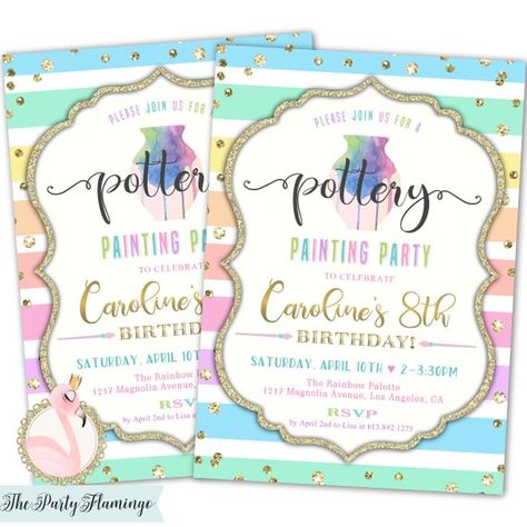 Pottery Painting Birthday Invitation, Pottery Party Invitation, Pottery Painting Invitations, Rainbow, Printable or Printed Invites Shop Pottery, Pottery Party, Rainbow Printable, Painting Birthday, Birthday Gold, Rainbow Palette, Paint Your Own Pottery, Fine Stationery, Pottery Painting Designs