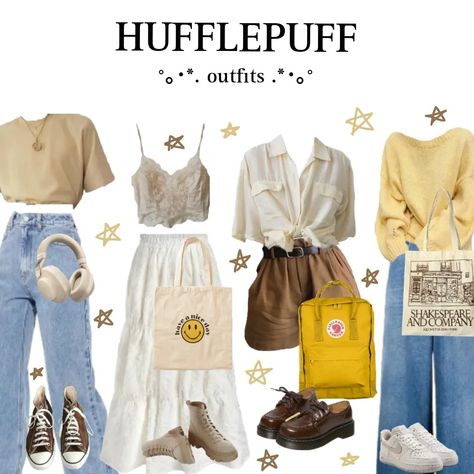 Hufflepuff Casual Outfit, Glinda And Elphaba Inspired Outfits, Hufflepuff Outfits Aesthetic, Hufflepuff Clothes Aesthetic, Harry Potter Inspired Outfits Hufflepuff, Hufflepuff Outfit Aesthetic, Honeycore Aesthetic Outfits, Hufflepuff Aesthetic Outfits, Hufflepuff Inspired Outfits