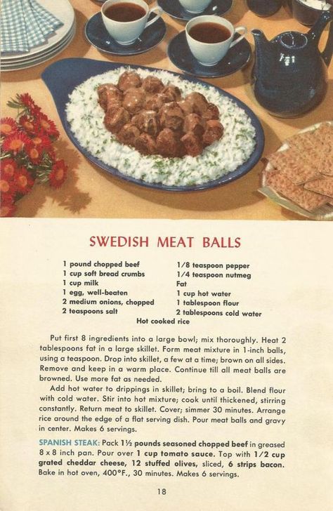 Vintage Recipes 1950s, Swedish Meat, 1950s Food, Recipes Bread, Vintage Cooking, Retro Recipes, Vintage Cookbooks, Old Recipes, Food Magazine