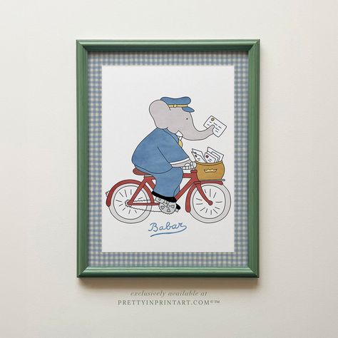 We love a set of art prints, and they don’t come any cuter than our exclusive vintage Babar range - shown here in our Farrow & Ball, hand painted frames (Calke Green) with a pretty gingham border (it’s printed, but looks like real fabric). Available unframed worldwide - our painted frames are UK only, but we offer our standard frames worldwide… any questions, just pop a comment below or DM ♥️ Rachael ♥️ • • • • #nursery #nurserydecor #nurserydesign #nurseryinspo #nurseryroom #nurseryideas #ba... Calke Green, Elephant Themed Nursery, Nursery Art Set, The Postman, Hand Painted Frames, Inspired Bedroom, Elephant Theme, Nursery Decor Boy, The Farmer