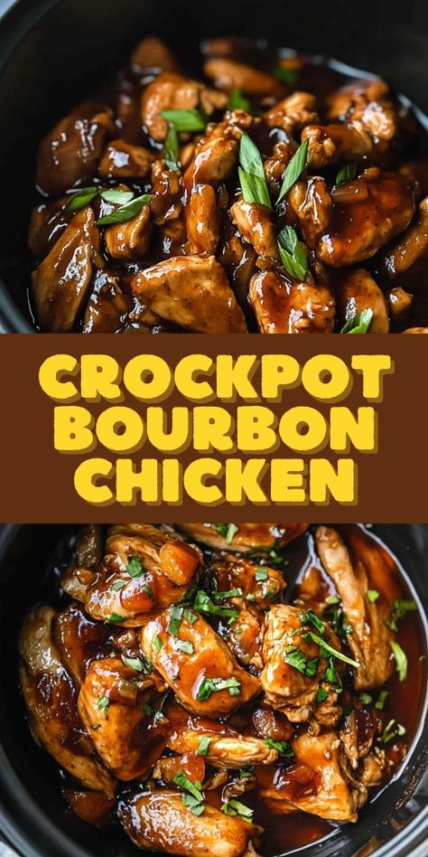 Crockpot Bourbon Chicken  Ingredients:  1 ½ lbs boneless, skinless chicken thighs ½ cup bourbon ½ cup soy sauce ¼ cup ketchup ¼ cup apple cider vinegar ½ cup brown sugar 1 tsp minced garlic 1 tsp grated ginger ½ tsp crushed red pepper flakes 2 tbsp cornstarch 2 tbsp water Cooked white rice for serving Green onions for garnish  #Crockpot #Bourbon #Chicken Mall Bourbon Chicken, Chicken In Crock Pot, Honey Bourbon Chicken, Bourbon Chicken Crockpot, Chicken Crock Pot, Bourbon Chicken Recipe, Honey Bourbon, Bourbon Chicken, Crockpot Dishes