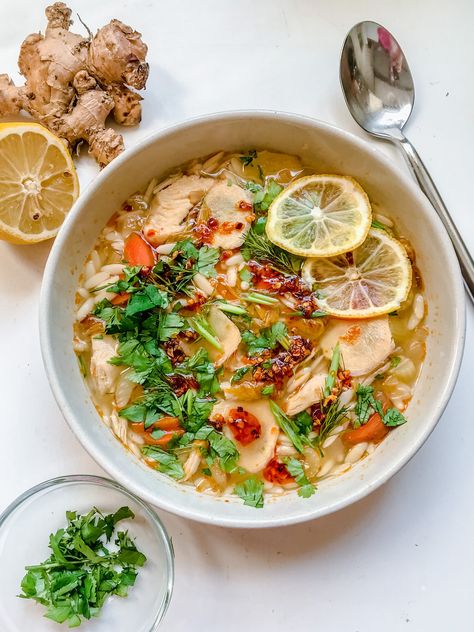 “feel good soup” with ginger chicken & orzo — AllTypesOfBowls Chicken Ginger Soup, Ginger Soup, Lemon Ginger Orzo Soup, Dairy Free Quick Meals, Cooking Orzo In Chicken Broth, Healthy Chicken Orzo Soup, Chicken Soup Ginger Tumeric, Lemon Chicken Soup With Orzo Joy Bauer, Ginger Chicken Soup